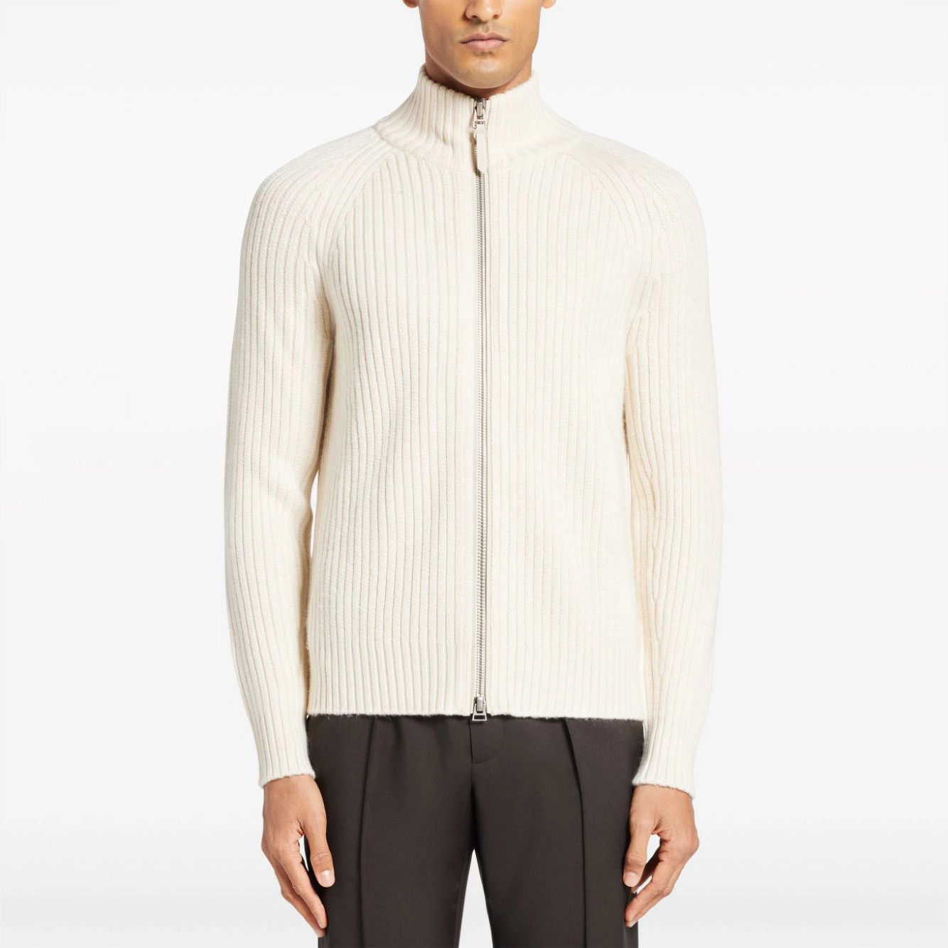 knit zipper-up cardigan sweater display